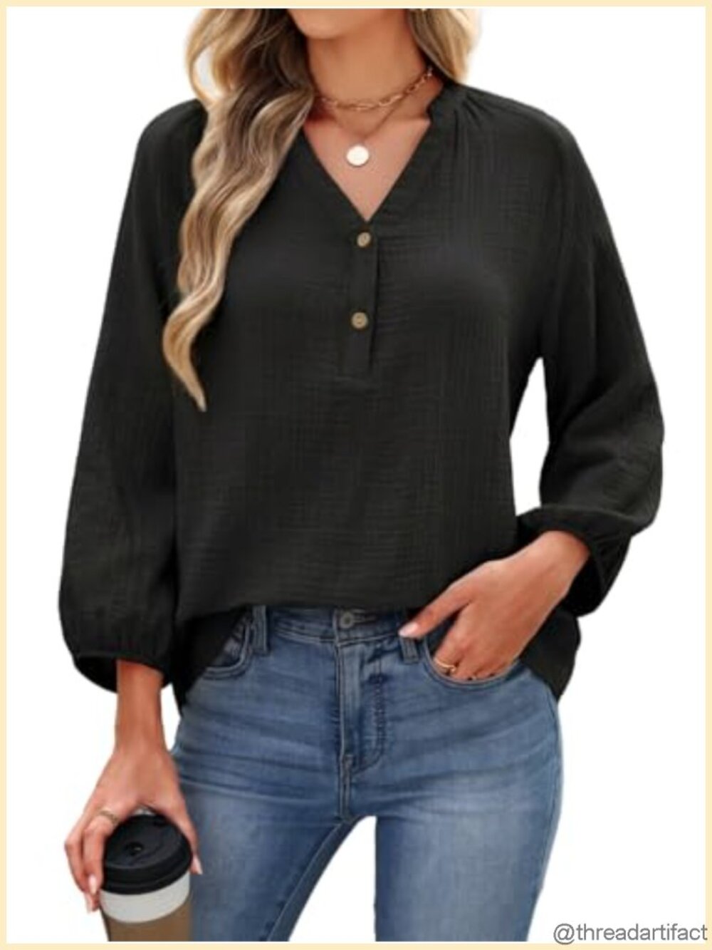 Gauze Button V Neck Long Sleeve Cotton Blouse Tunic Top for Women